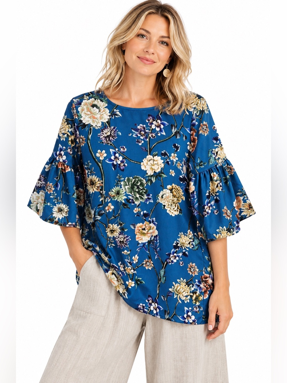 Bryn Walker Diego Tunic M Blue Floral Bell Sleeve Top Artistic Modern Feminine